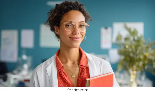 Female Scientist in Lab Coat Holding Book with Positive Expression