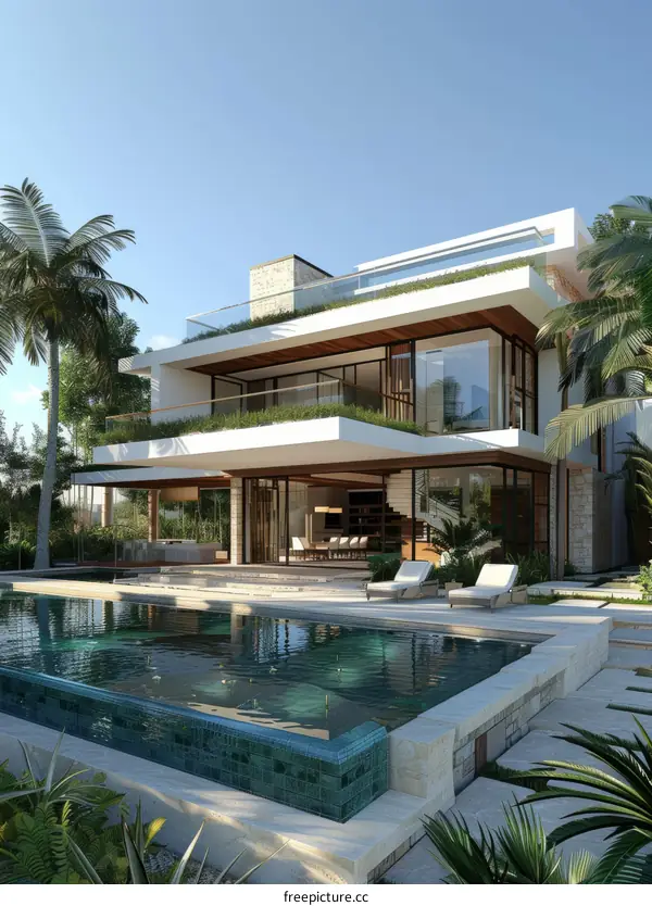 Modern Villa With Beautiful Yard and Pool in Background