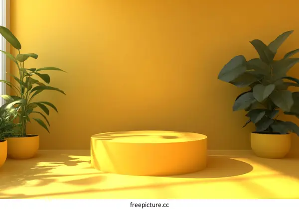 Modern Yellow Display Podium with Plants