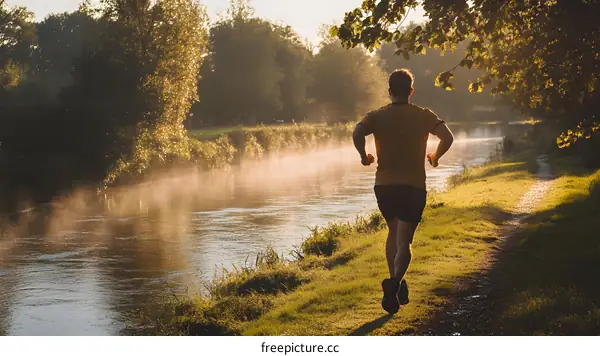 Man Running By River During Golden Hour
