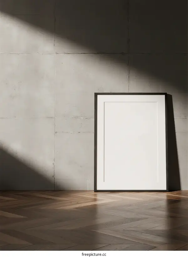 A blank white frame standing on wooden floor against concrete wall