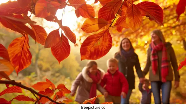 Family walking in the woods during autumn