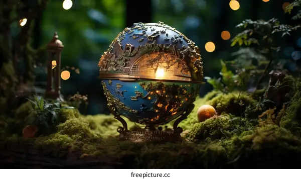 A magical globe sits on a bed of moss in a mystical forest