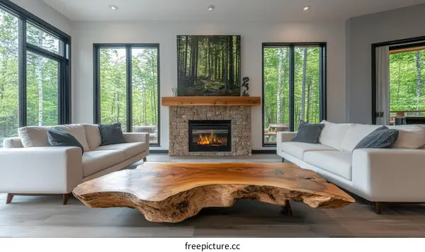Modern Living Room with Large Windows and Wooden Coffee Table