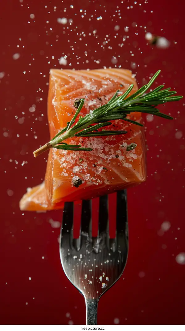 A piece of salmon fillet with rosemary on a fork