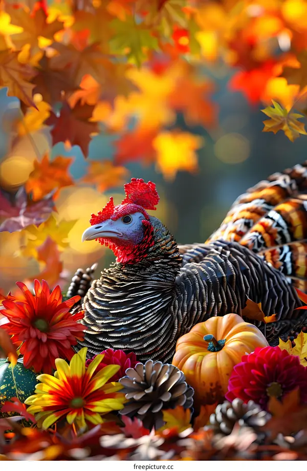 A Thanksgiving turkey surrounded by pumpkins and fall foliage