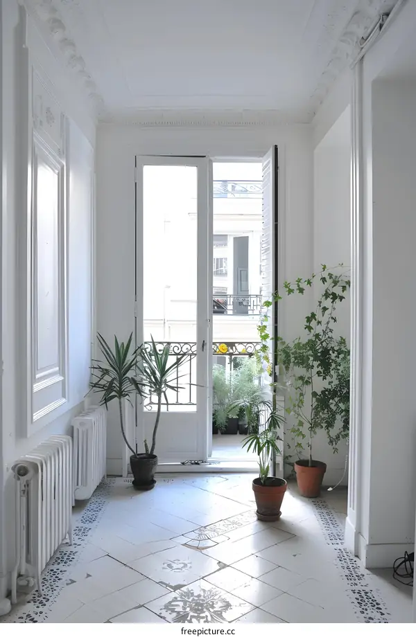 White Interior Design With Plants And  French Balcony Doors