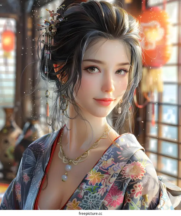 A beautiful Asian woman in a kimono with a traditional hair ornament.