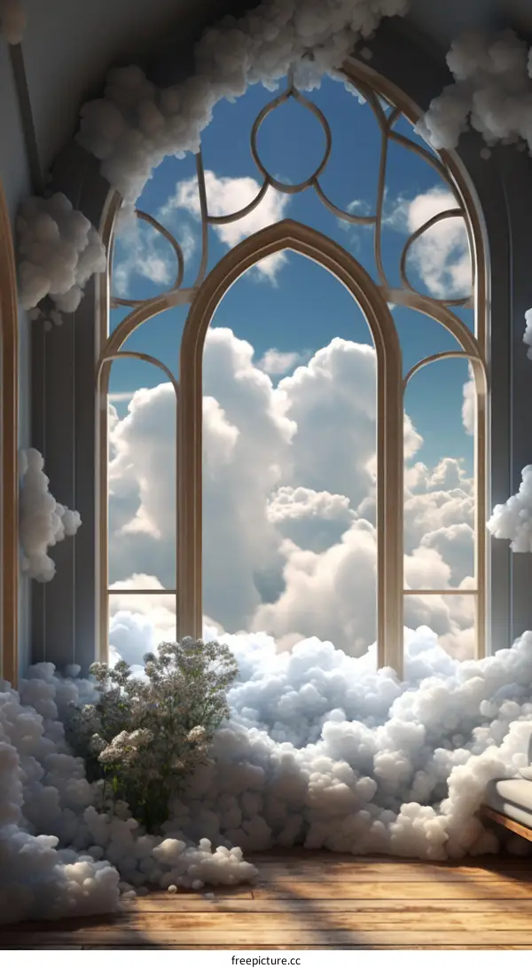Surrealism painting of a room with a large window overlooking a sky filled with clouds