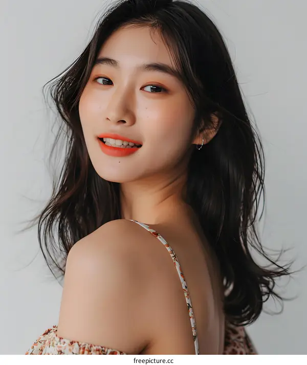 Beautiful Asian Woman with Long Dark Hair Smiling at the Camera