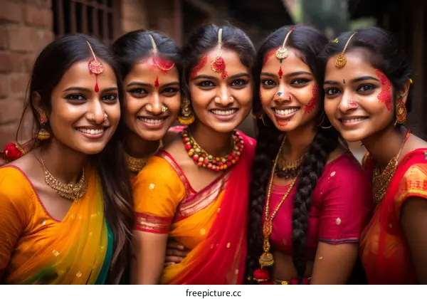 Portrait of five Indian women in traditional dress smiling at the camera