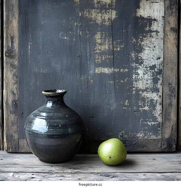 Black Vase and Green Apple on Wooden Table with Weathered Wall