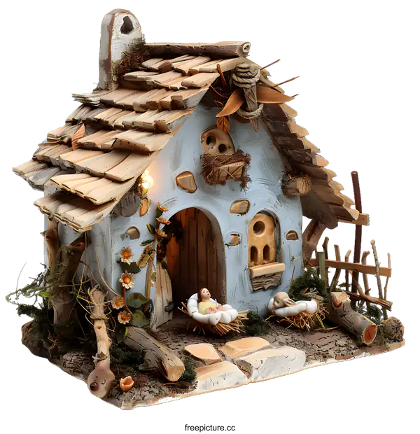 [Transparent Background PNG]Handcrafted Wooden Nativity Scene with Baby Jesus and Mary in a Blue House