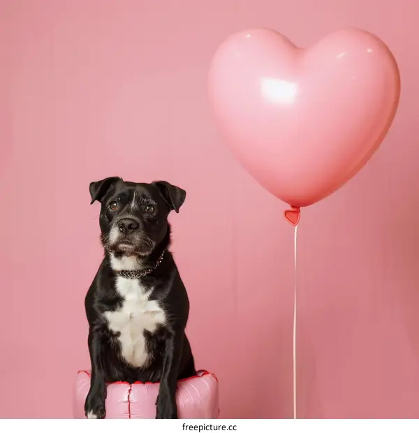 A black dog sits in front of a pink heart-shaped balloon