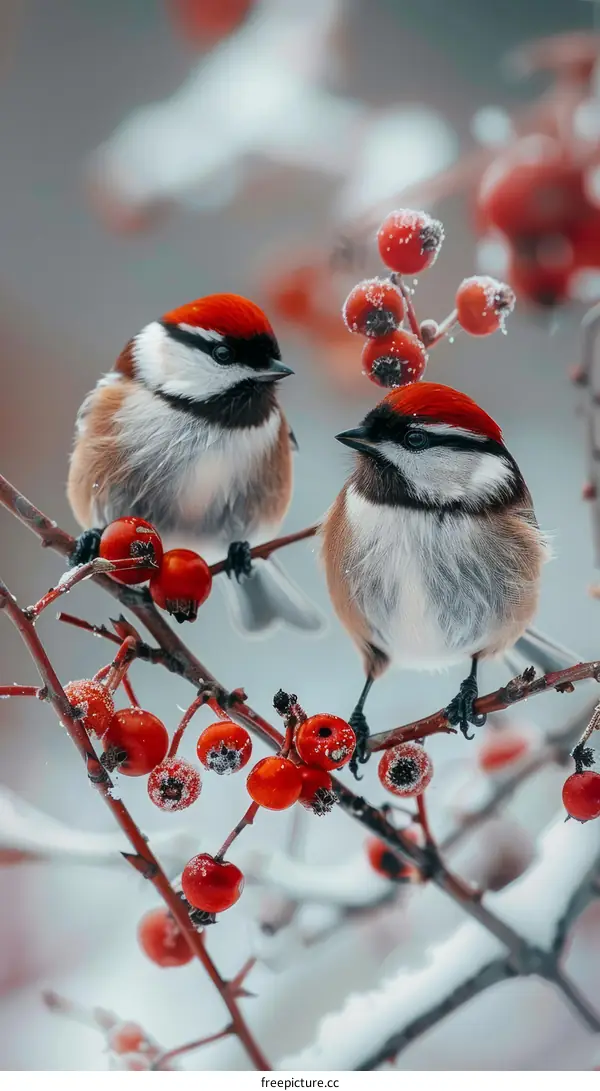 Two birds on a branch with red berries in the snow