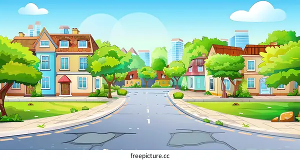 Cartoon Illustration of Cityscape with Houses and Road