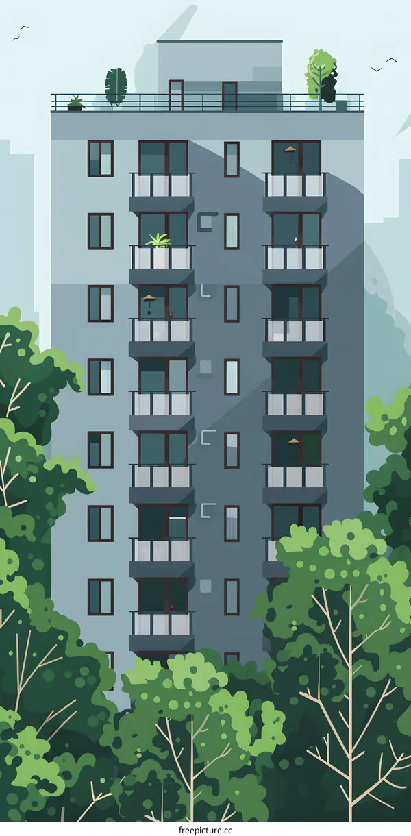 Modern Building Illustration With Green Trees
