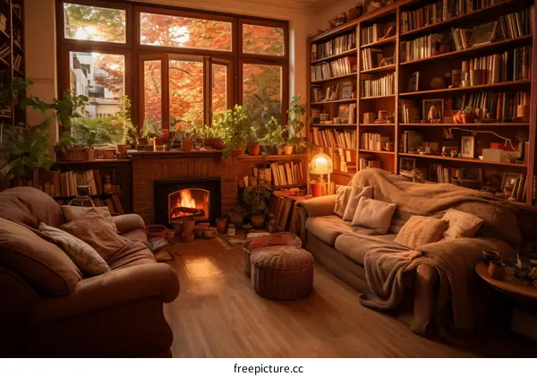 A cozy living room with a fireplace, bookshelves, and a sofa
