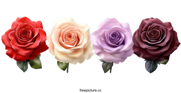[Transparent Background PNG]Four Realistic Roses in Different Colors