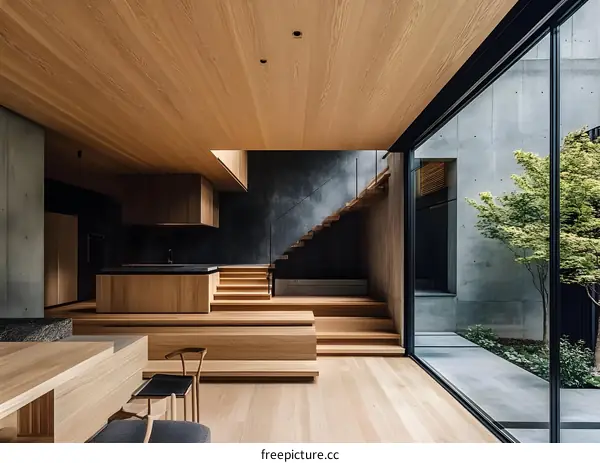 Modern Minimalist Interior Design with Wooden Stairs and Large Window