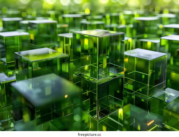 Green glass cubes of different sizes are arranged in a staggered pattern