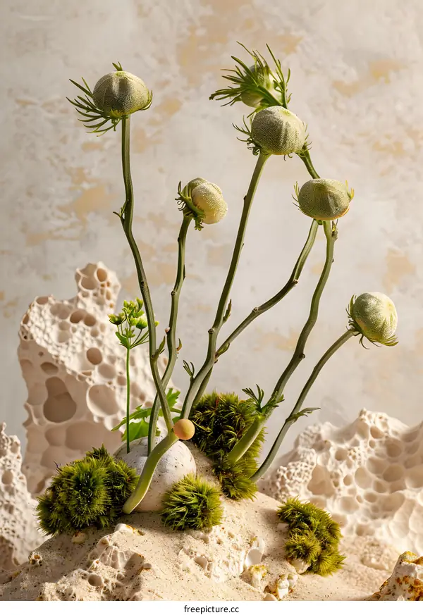 Green Plant Stems with White Buds on a Sand Dune with White Stone