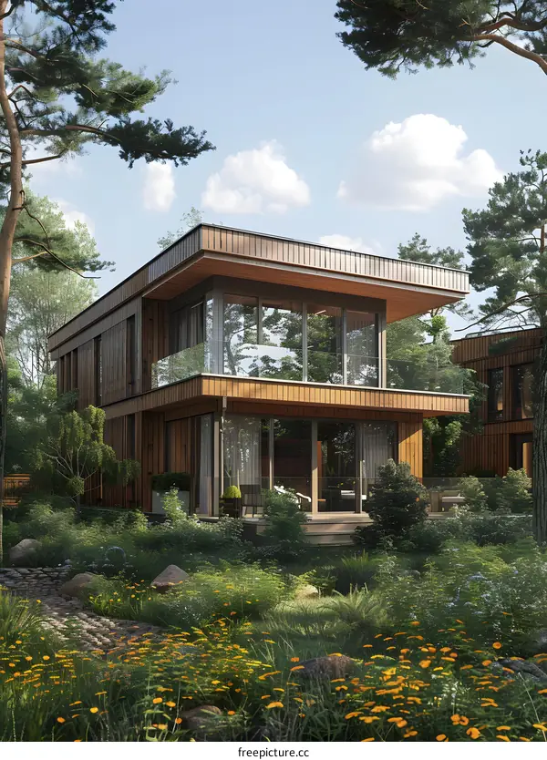 Modern wooden house with large windows in the woods