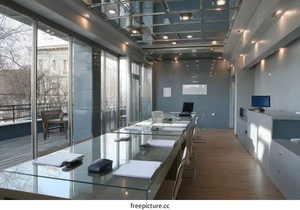 Modern Office Space with Glass Tables and Terrace View