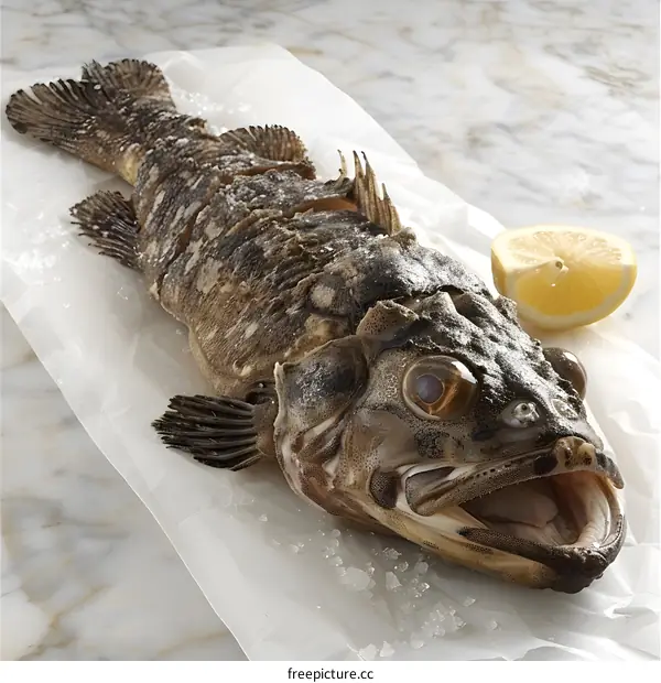Fresh fish on parchment paper with lemon