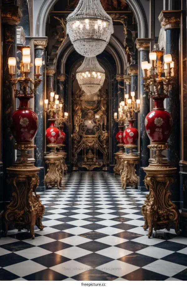 Ornate hallway with black and white checkered floor tiles