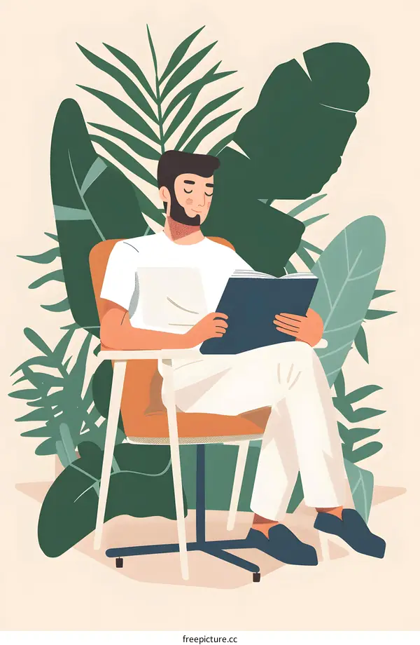Man Reading a Book in a Tropical Garden