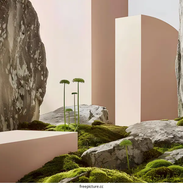 Minimalist  Stone  and  Moss  Background  with  Light  Pink  Platform