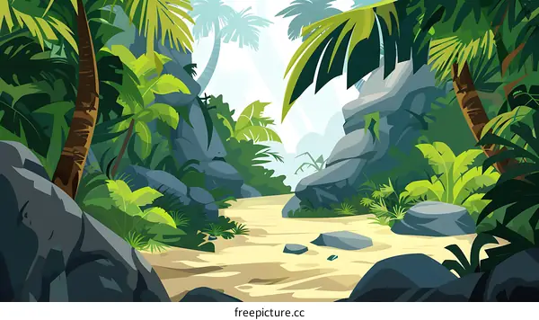 Jungle Path with Lush Foliage and Palm Trees