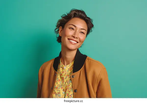 Smiling Asian Woman in a Stylish Mustard Jacket