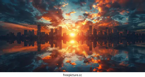 Sunset over the calm water with stunning cityscape silhouette reflections