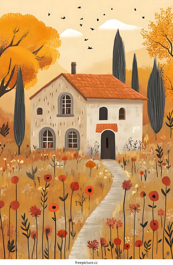 Autumn Cottage in a Field of Wildflowers