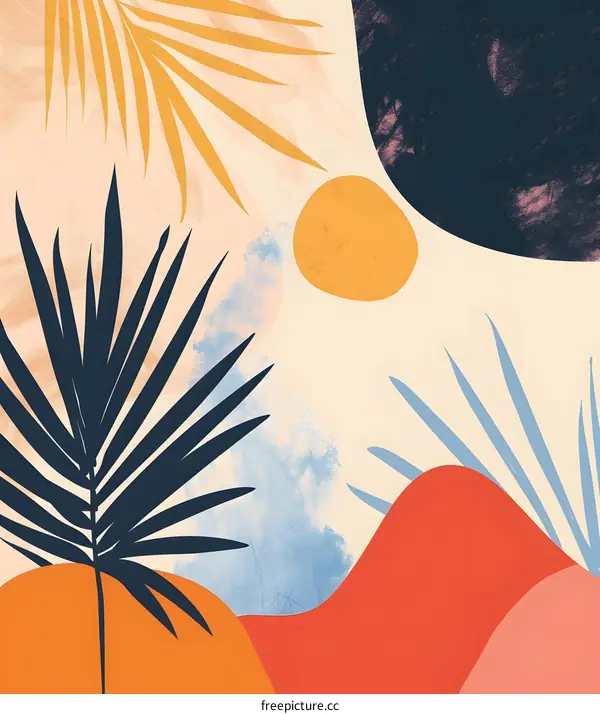 Abstract Tropical Art Print with Palm Leaves and Sun