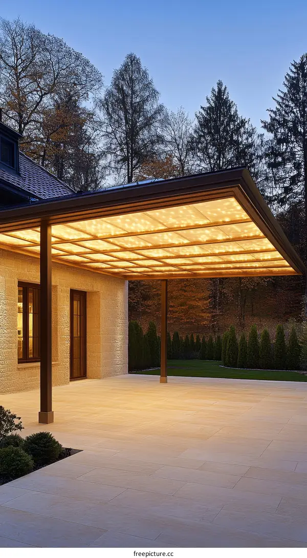 Modern Outdoor Patio with Illuminated Pergola