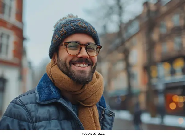 Smiling Man in Winter Cityscape