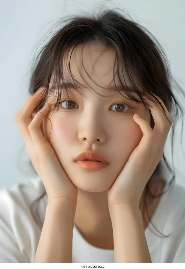 Beautiful Asian Woman with Brown Eyes and Long Black Hair Looking at the Camera