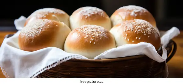 Homemade hamburger buns with sesame seeds in a basket