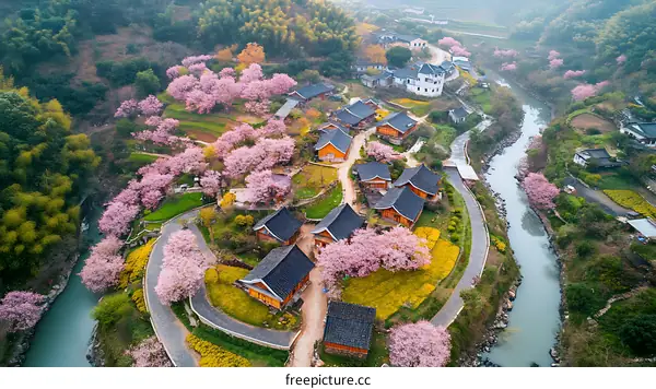 Aerial View of a Spring Village with Cherry Blossoms