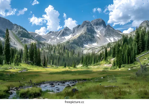Mountain Valley Landscape With Stream and Green Grass