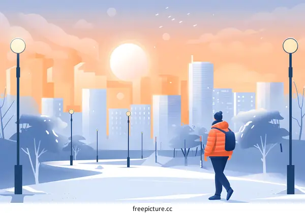 Man Walking In Winter City Park With Sunset View