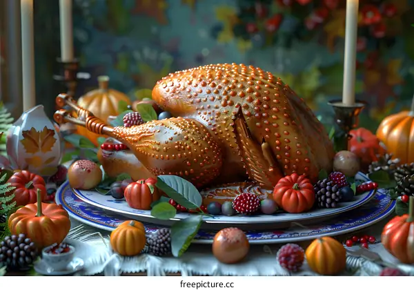 Thanksgiving dinner table with a roasted turkey, pumpkins, and other food