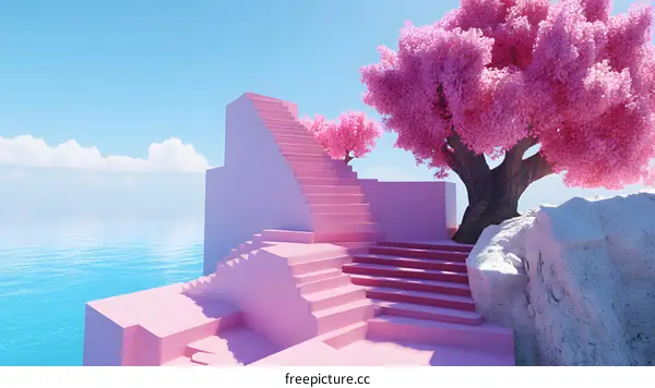 Pink Stairs Leading to a Pink Tree on a White Rock by the Ocean