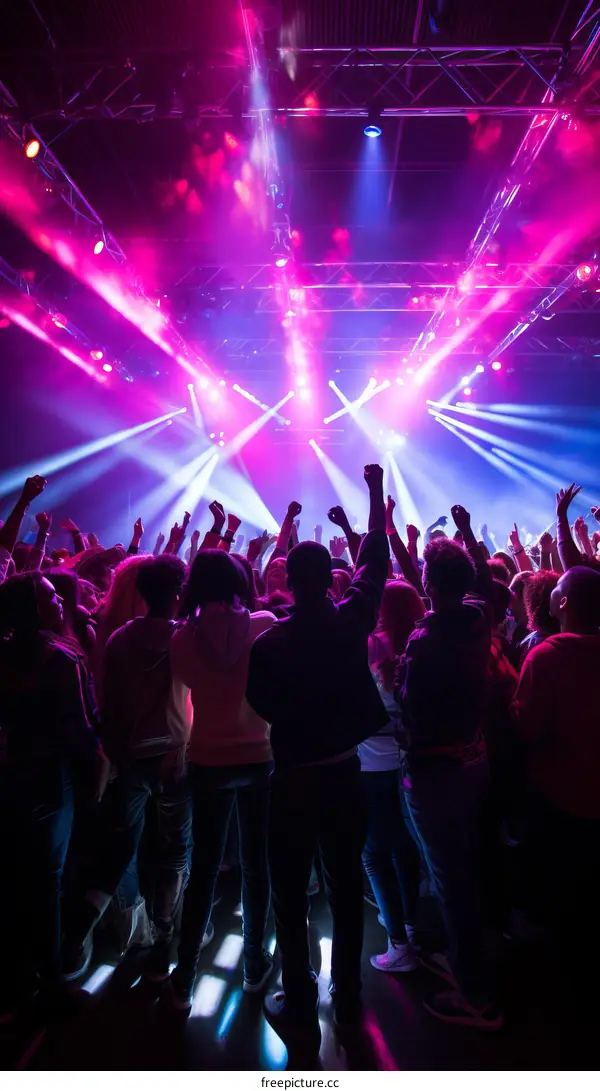 Audience watching a concert with hands raised in the air