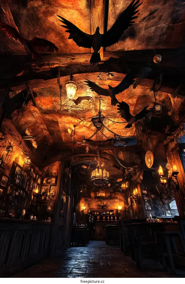 Dark Wooden Interior with Hanging Birds and Chandeliers
