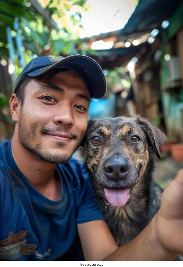 A man and his dog pose for a selfie