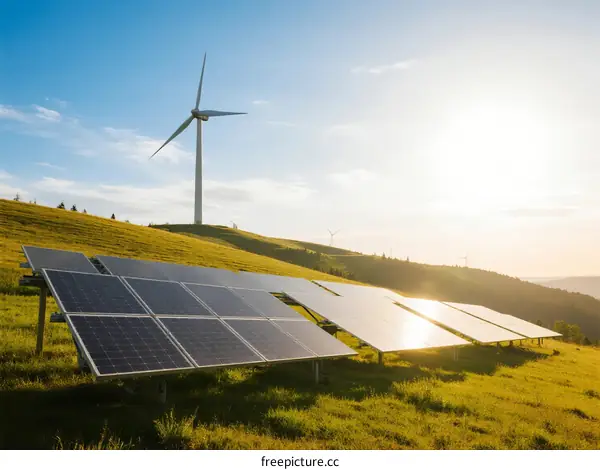 Solar Panels and Wind Turbine on Green Hill under Blue Sky